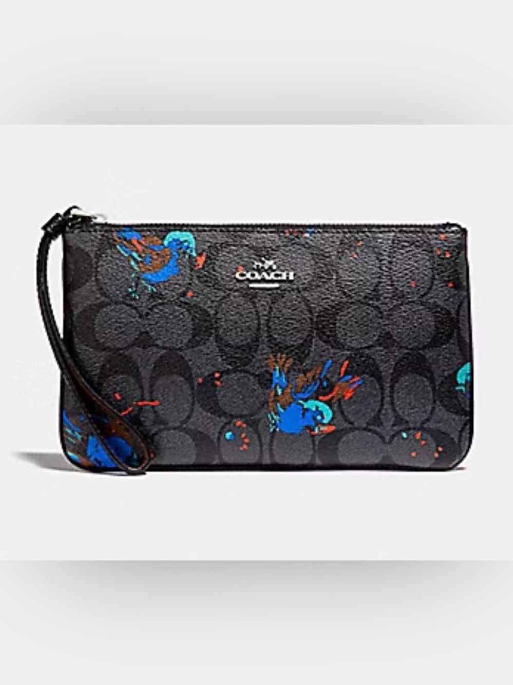 COACH Large Wristlet w/ Bird Print in Black Smoke